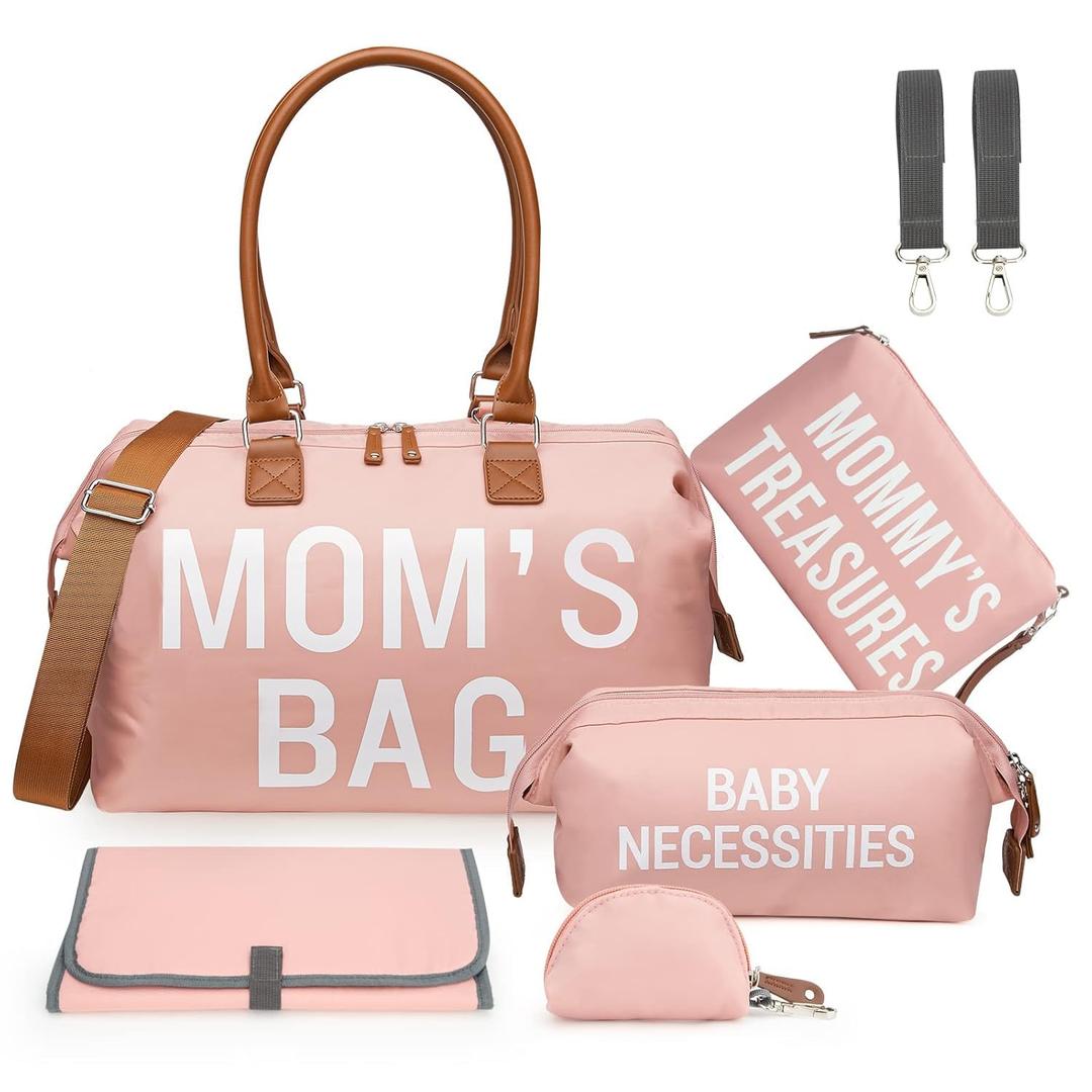 printe Large Diaper Bag Tote with Changing Pad, 2 Organized Pouches, Mom's Bag for Hospital with Pacifier Case, Straps, Stroller Hook, Hospital Weekender Travel Pink Baby Diaper Tote Bag