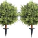 24inch Artificial Ceder Topiary Tree, Artificial Shrubs for Outdoors with Ground Spike, Faux Outdoor Shrubs Potted, Hold Nature Fake Bushes for Front Porch (Set of 2)