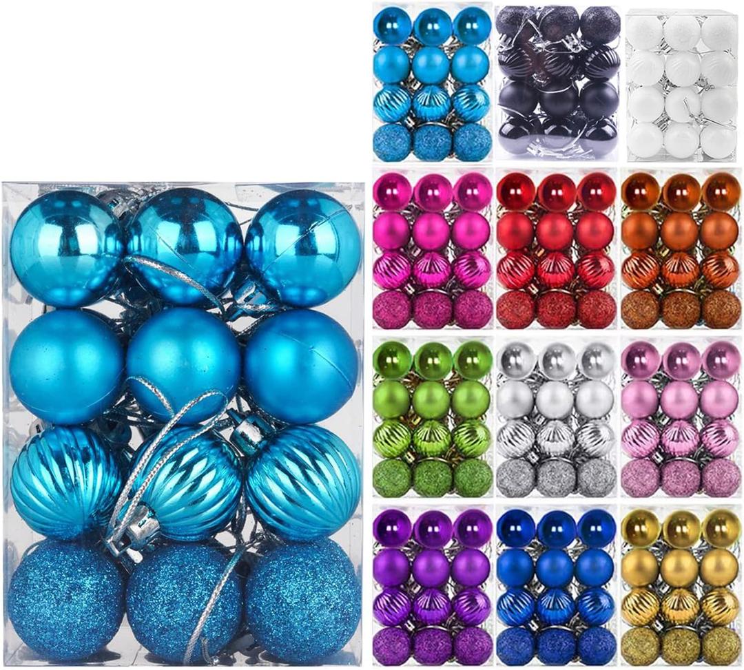 Emopeak 24Pcs Christmas Balls Ornaments for Xmas Christmas Tree - 4 Style Shatterproof Christmas Tree Decorations Hanging Ball for Holiday Wedding Party Decoration (Lake Blue, 1.3"/3.2CM)