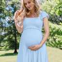 OUGES Womens 2026 Summer Maternity Photoshoot Dress Boho Maxi Smocked Baby Shower Dress Ruffle Sleeve Maternity Clothes (Blue, L)