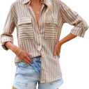 OMSJ Women's Striped Button Down Shirts Casual Long Sleeve Stylish V Neck Blouses Tops with Pockets (Medium, Brown)