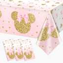 3 Pieces Pink Mouse Birthday Tablecover Gold Mouse Head Cartoon Plastic Party Tablecloth Disposable Table Decoration for Kids Girls