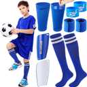 10 Pcs Soccer Shin Guards Set Shin Pads, Sleeves, Long Socks, Soccer Cleat Lace Cover and Guard Straps for Age 5-12 Youth, Lightweight Equipment (Blue)