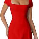 QINSEN Womens Square Neck Tennis Dress Short Sleeve Built in Shorts Golf Athletic Dress with Pockets (X-Large, Red)