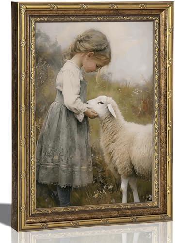 Gold Framed Vintage Aesthetic Girl With Sheep Wall Art Rustic Farmhouse Print Poster Artwork Sheep Cottagecore Wall Decor for Living Room Bedroom Bathroom Decoration 12x16in