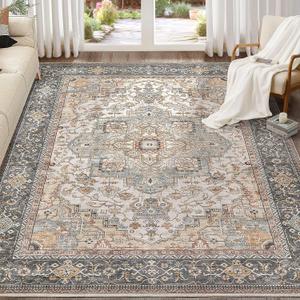 EIEIHOUSE Washable Area Rugs for Living Room - 9x12 Neutral Vintage Distressed Floral Farmhouse Boho Large Soft Floor Rug Indoor Non Slip Carpet for Bedroom Dining Room Office -Forest Green Orange