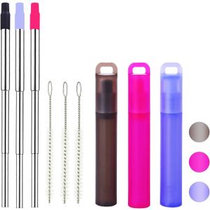 Reusable Metal Straws Travel 2 Pack Collapsible Straw with Case and Cleaning Brush Retractable Portable Pocket Straws