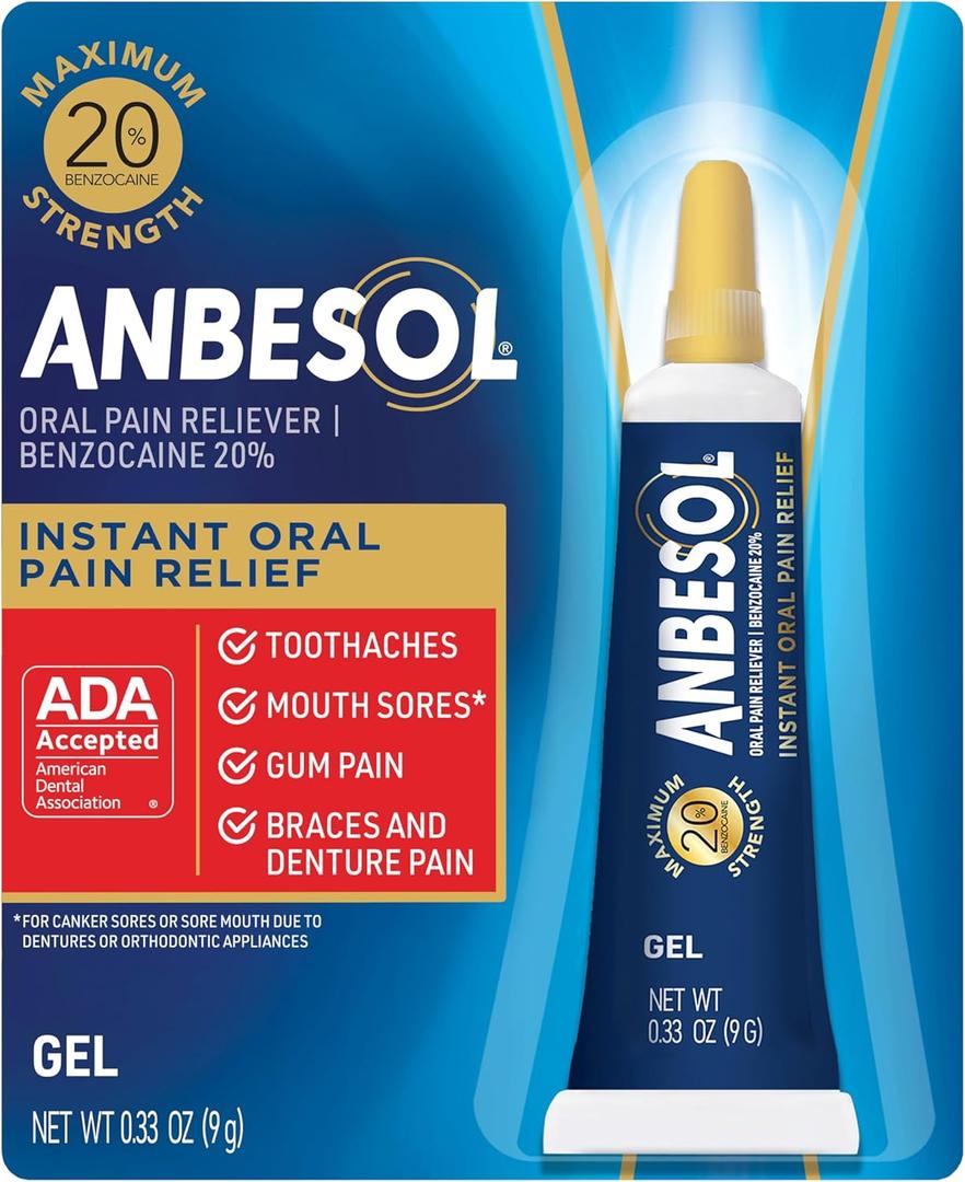 Anbesol Gel Maximum Strength - Instant Oral Pain Relief for Toothaches, Canker Sores, Sore Gums, Denture Pain - 0.33 oz