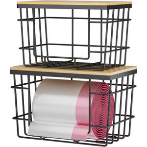2 Pack Trash Bag Holder, Extra Large Garbage Bag Dispenser with Bamboo Top, Wall Mounted Stackable Trashbag Storage for Kitchen Laundry Room Under Sink Organization