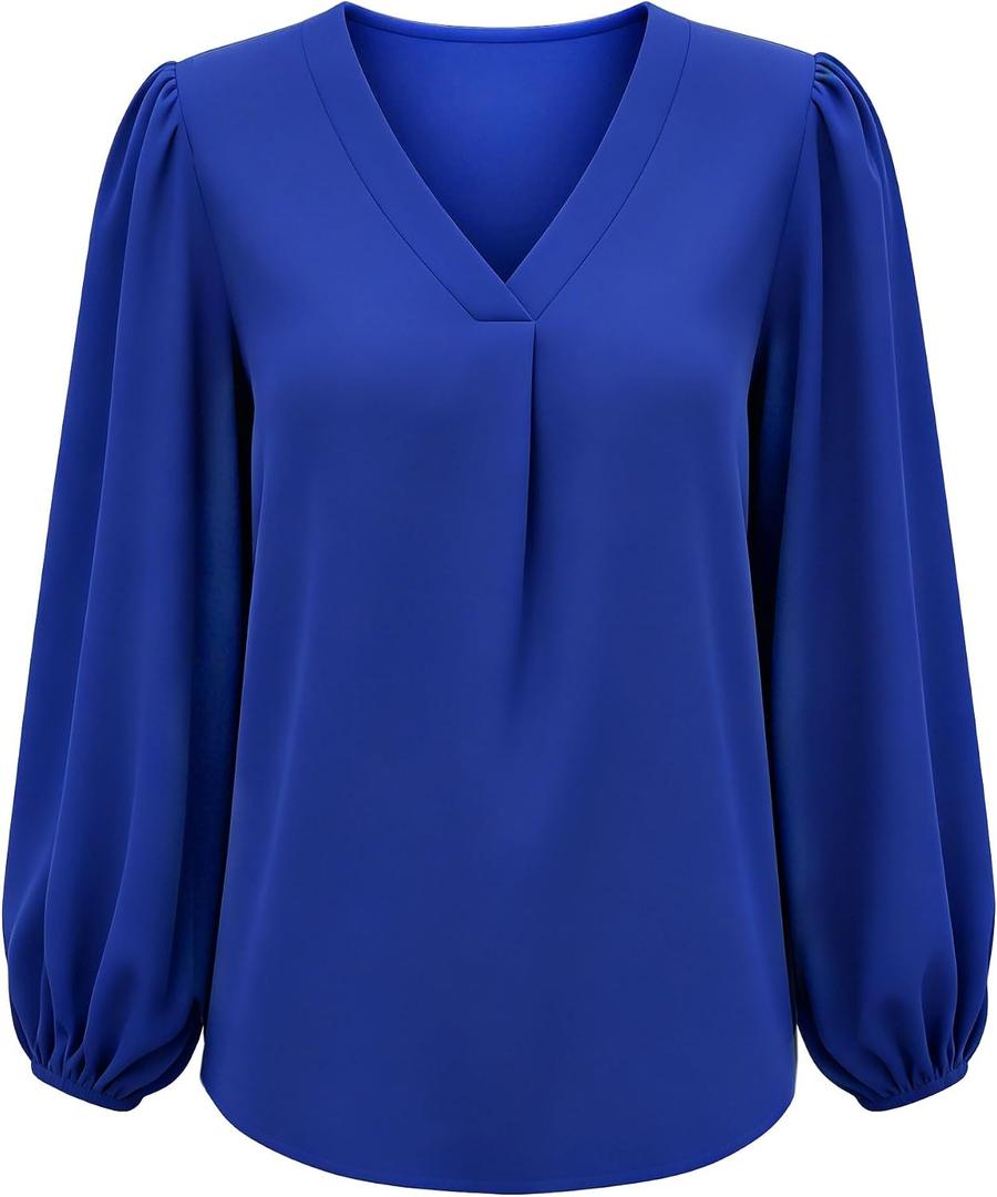 Business Casual Tops for Women Long Sleeve Blouses Leopard Print Work Tunic Office Chiffon V Neck Loose Dressy Shirts (Blue, Medium)