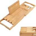Utoplike Bamboo Bathtub Caddy Tray Bath Tray for Tub, Adjustable Bathroom Bathtub Organizer with Book Tablet Wine Glass Cup Towel Holder (24.5"-37.4")