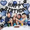 Navy Blue Birthday Decorations, 3D Foil Black Happy Birthday Balloon Banner with Star and Heart Balloons, Confetti Balloons, Hanging Swirls, for Boys Girls Men Women Party Decorations