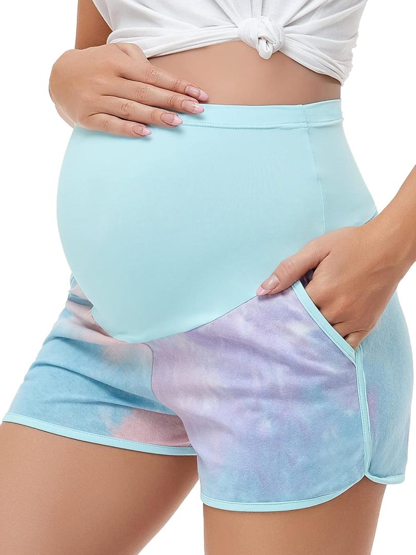 fitglam Women's Maternity Shorts Over Belly Pregnancy Lounge Workout Running Pajama Sleep Shorts with Pockets (X-Large, A10 Pastel Tie-dye)