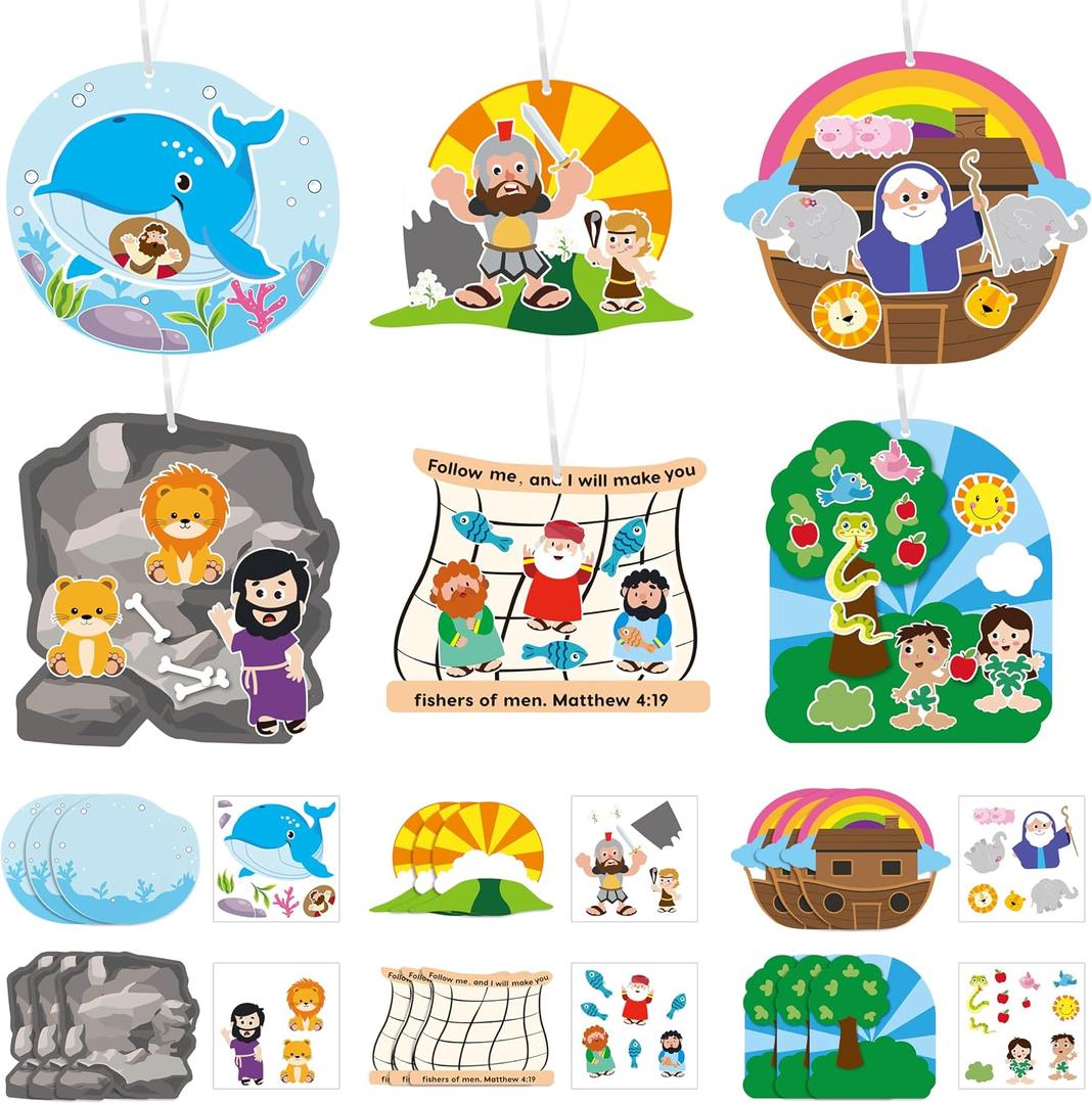 2 x 36Set Religious Sunday School Crafts for Kids Bulk Christian Bible Stories DIY Sticker Hanging Ornament Craft Kit for Classroom VBS Activities Sunday School Church Carnivals Christmas Exchange Gifts, Small