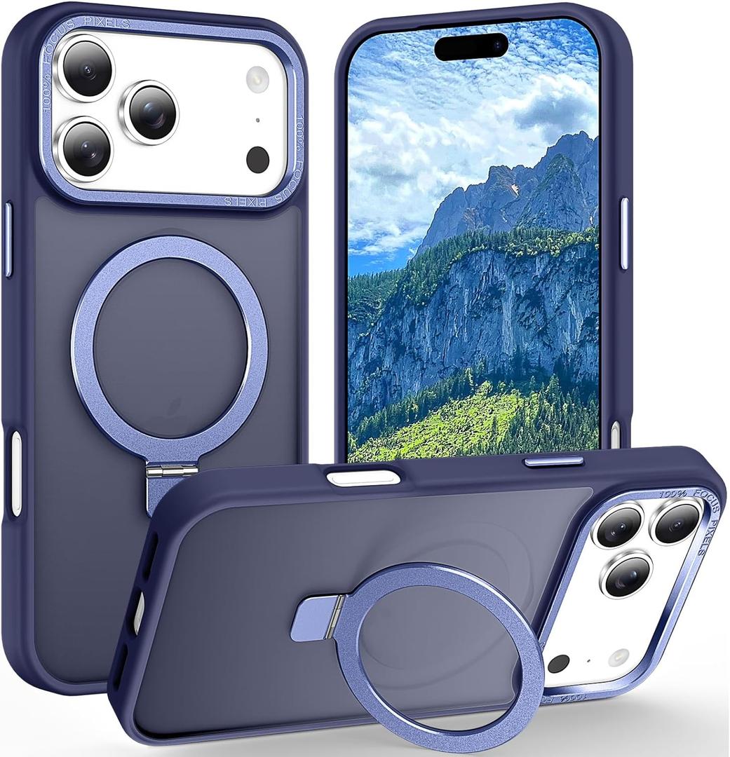 Magnetic for iPhone 17 Pro Max Case with Ring Stand, [10 FT Drop Protection] [Velvety Touch] Slim Translucent Matte Back Shockproof Phone Case for iPhone 17 Pro Max 6.9'', Blue