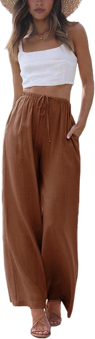 Faleave Women's Cotton Linen Summer Palazzo Pants Flowy Wide Leg Beach Trousers with Pockets (Brown, L)