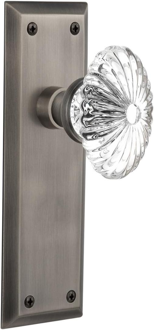 Nostalgic Warehouse 712070, Privacy-2.375", Antique Pewter New York Plate with Oval Fluted Crystal Glass Knob
