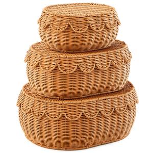 Juexica 3 Pcs Scalloped Basket with Lid Hand Woven Plastic Wicker Set 18 x 14 x 6 Inch Plastic Rattan Storage, Decorative Scalloped Edge Basket for Bread Picnic Table Bathroom Decor