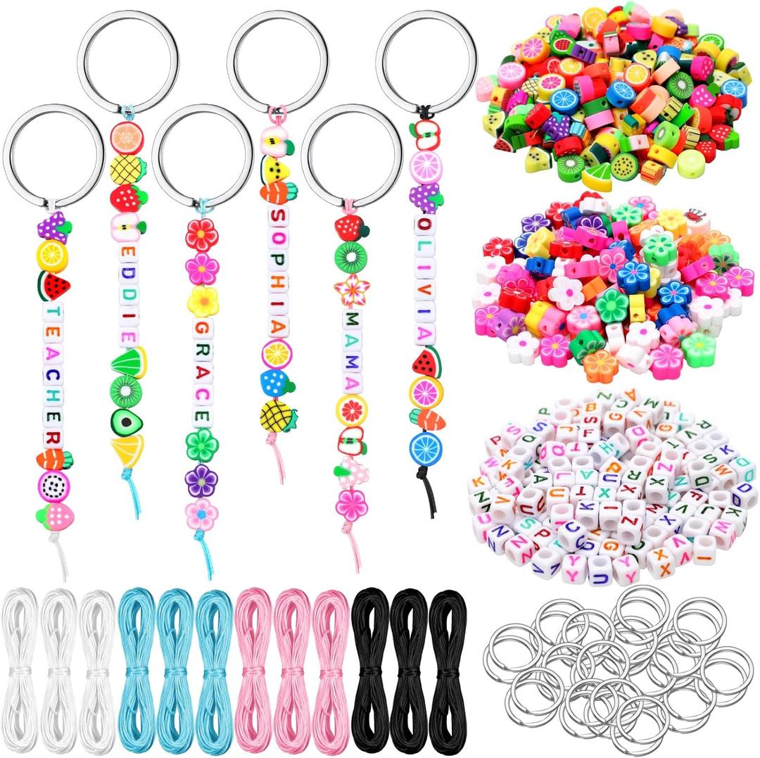 Landical 565 Pcs Fruit DIY Bead Keychain Kit Summer Key Chain Making Craft Adjustable Alphabet Letter Beads Strings Jewelry Key Ring Gift Backpack Accessories Party Favor