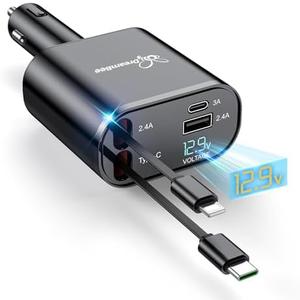 DreamBee Retractable Car Charger,66W 4 in 1 Super Fast Charge Car Phone Charger, Retractable Cables (31.5 inch) and 2 USB Ports Car Charger Adapter for iPhone 17/16/15/14/13/12 Pro Max XR, iPad, Samsung