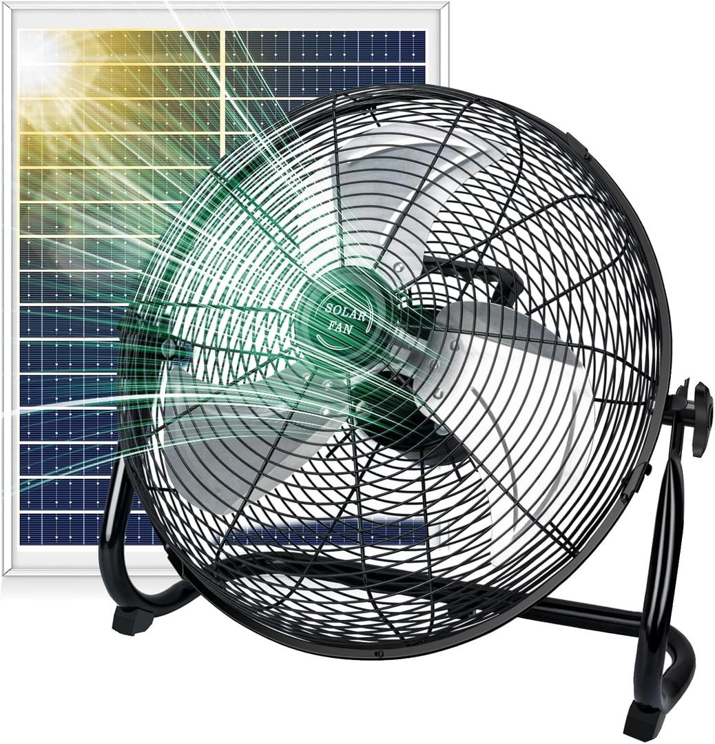 DBF 16" Solar Powered Fan - 20000mAh Rechargeable Outdoor Floor Fan with 30W Solar Panel, 12 Speeds, Tilt Head, High Velocity Cordless Portable Industrial Fans for Home Camping Garage Outage, 16 IN - Button-Black