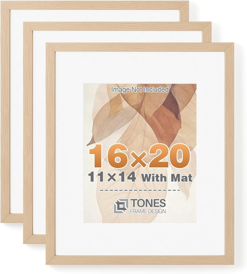 TONES FRAME DESIGN 16x20 Solid Wood Frames Set of 3,Natural Oak Wood Picture Frame can Display Photo 11x14 With Mat or 16 x 20 Without Mat,Poster Frame for Wall Home Decor,3 Pack, 16x20-3pk