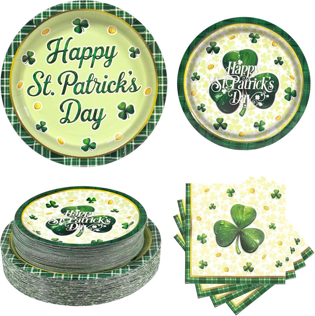 150pcs St. Patrick's Day Party Supplies,Shamrock Paper Plates and Napkins Set for St. Patrick's Day Party Decorations,Serve 50 Guests