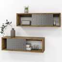 Sonefreiy 24in Floating Cabinet Set of 2, Rustic Wood Floating TV Stand Cube Shelves Wall Mounted Storage Long Shelf with Slide Metal Doors for Living Room Kitchen Bathroom, Dark Brown
