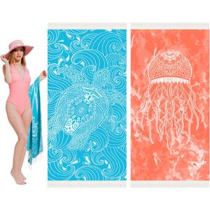 Thin Turkish Beach Towel Lightweight Soft Cotton Extra Large XL Oversized Sand Free Sandproof Absorbent Quick Dry Towels Cloud Bath Pool Travel Compact Essentials Accessories for Adult Gifts (2 Pack Askyblue Turtle Orangered Jellyfish Go)