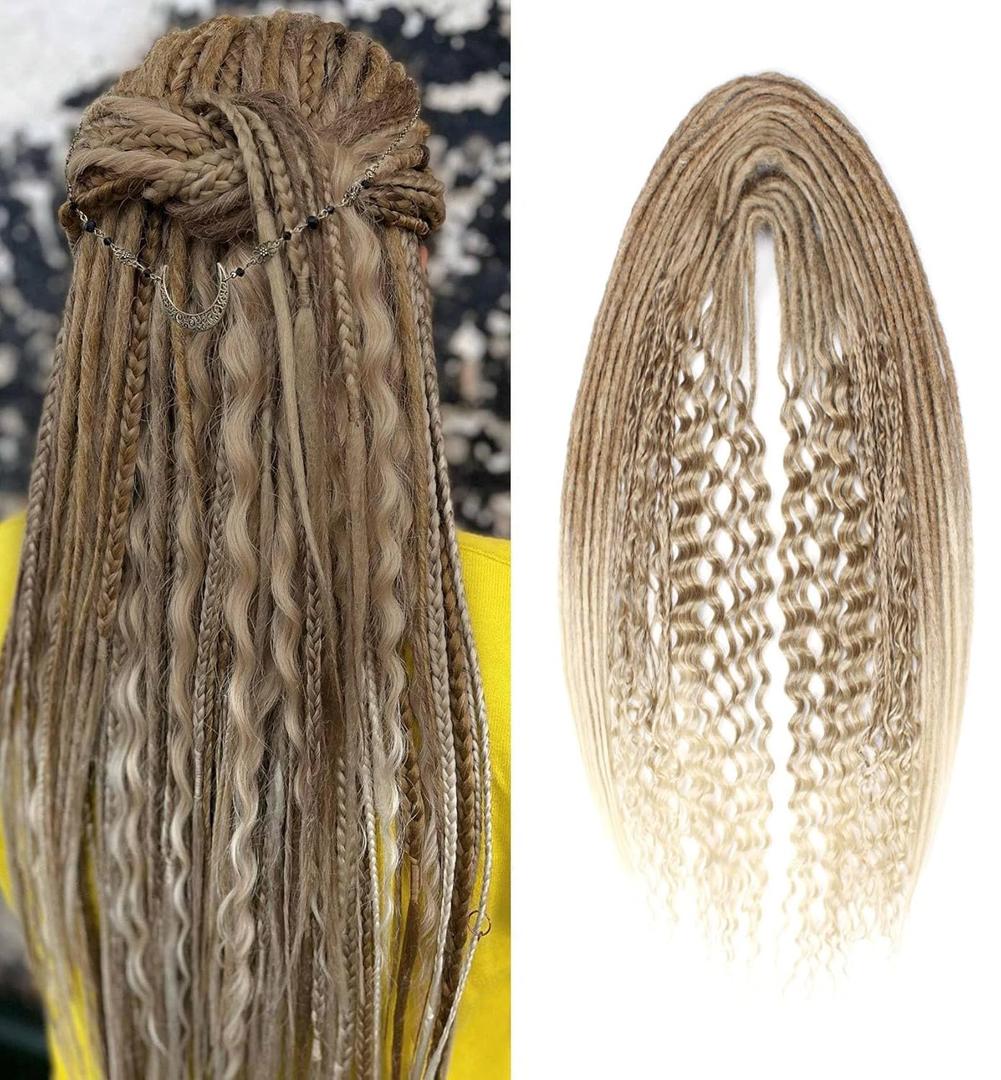 24 Inch 3 In 1 Dreadlock Extensions Sets, 30 Strands Mixed Brown to Blonde Synthetic DE Dreads Extensions, 100% Handmade Soft Double Ended Curly Boho Wavy Dreads for Girls