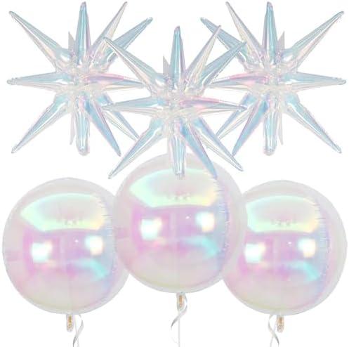 6Pcs Iridescent Foil Balloons,22Inch Clear 4D Round Holographic Ball Balloon and Explosion Star Balloon for Birthday Wedding Baby Shower Prom Party Anniversary Decorations