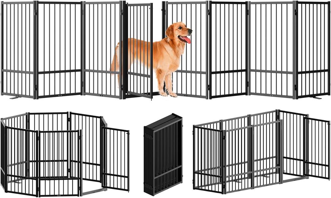 Full Metal Freestanding Dog Gate with Door, 32''Height Foldable Pet Dog Fence for Indoor & Outdoor, 8 Panels Extra Wide Free Standing TallDog Gates for Doorways, House, Stairs, Porch, Deck,Yard (Black)