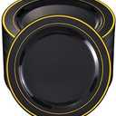 bUCLA 100 Pieces Black and Gold Plastic Dinner Plates - 10.25 inch Black Disposable Plates with Gold Rim - Ideal for Party, Graduation & Fathers Day
