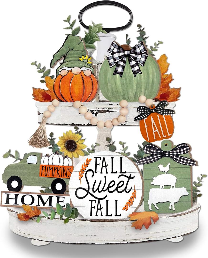 Fall Tiered Tray Decor, Green Farmhouse Pumpkin Tray Decorations, Gnome Truck Buffalo Plaid Wooden Signs Bead Garland, Rustic Thanksgiving Harvest Autumn Decorations for Home Table Shelf