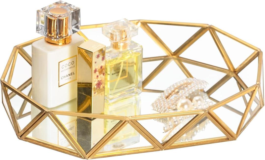 Feyarl Gold Glass Perfume Tray Mirror Vanity Jewelry Trinket Organizer Tray Ornate Cosmetic Makeup Display Geometric Shape Decorative Tray for Bathroom Home Decor Dresser Tabletop Countertop (11inch) (11" x 8.3" x 2")
