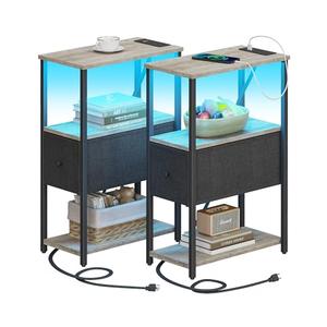 TUTOTAK Small Narrow LED End Table with Charging Station, Side Table Outlets, Nightstand with Cloth Drawer, Set of 2, Couch Table, for Living Room, Bedroom, Bedside, Greige TB01BG059