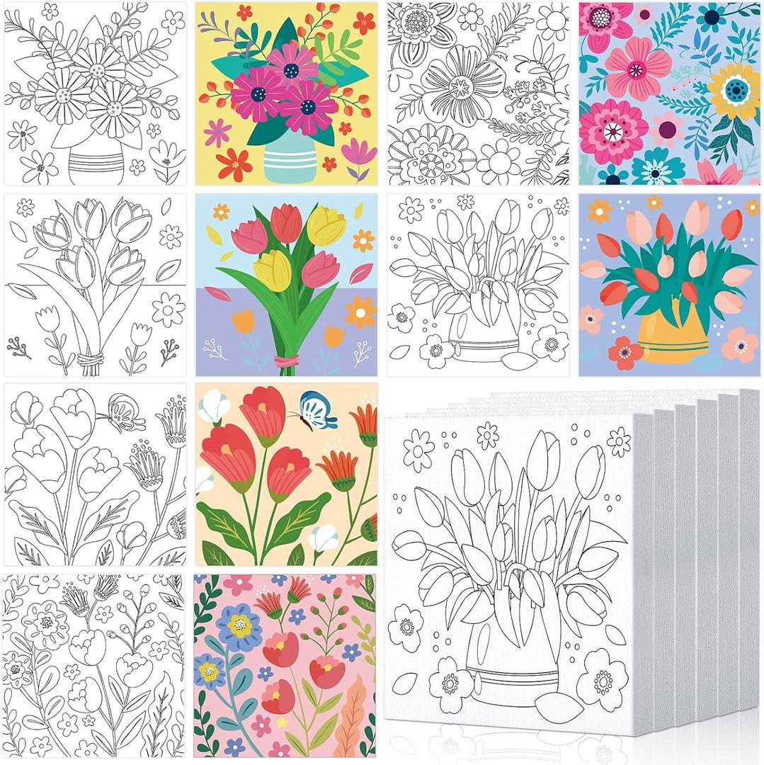 Honoson 6 Pcs 6 Inch Pre Drawn Outline Canvas Paint Kit with Pictures for Adults Paint Party Stretched Canvas Art Boards Set for Adult Beginner(Floral Style)