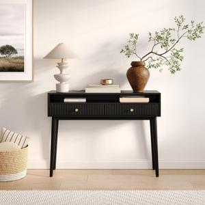 Fluted Console Table with Swing Doors - Small Entry Desk for Narrow Spaces - Living Room Furniture - Solid Wood Entryway Table with Brass Knobs (Black) Fluted Console Table with Swing Doors - Small Entry Desk for Narrow Spaces - Living Room Furniture - Solid Wood Entryway Table with Brass Knobs (Black)