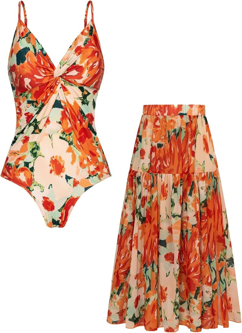 GRACE KARIN Women's One Piece Swimsuits with Cover Up Skirt Tummy Control V Neck Bathing Suits Orange Floral, Small