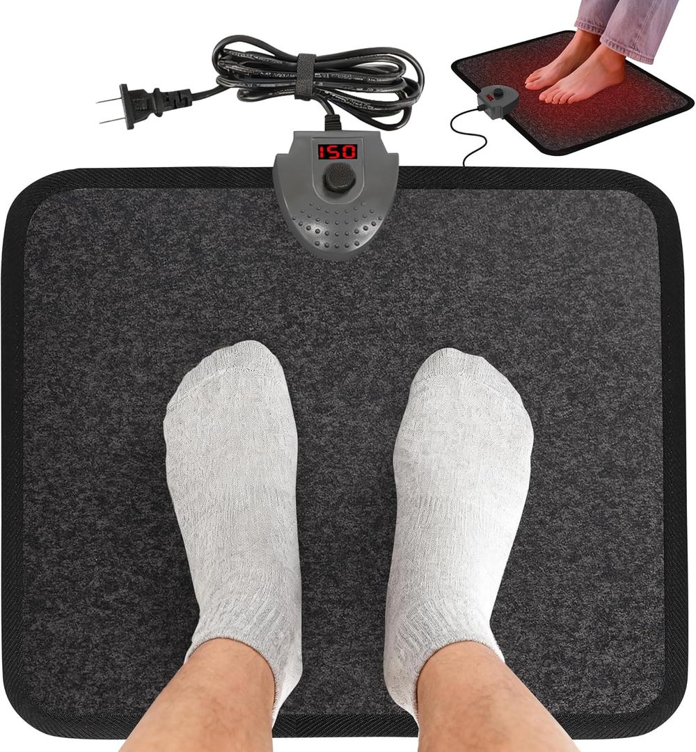 Heated Floor Mat Under Desk for Foot Warmer - Wider 110V Adjustable Temperature Electric Space Heaters Heating Pad - Carbon Crystal & Energy Saving Feet Warmers for Office,Home (Black Gray)