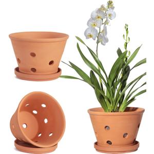 vensovo Terracotta Orchid Pots with Holes and Saucers - Clay Orchid Planter Pots for Repotting, Plant Flower Pots for Orchid Indoor and Outdoor Promotes Air Circulation