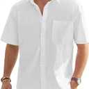J.VER Men's Linen Short Sleeve Shirts Cotton Casual Lightweight Button Down Shirt Beach Vacation Summer Tops with Pocket (Large, White)