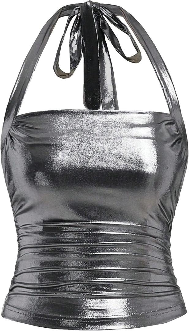 Floerns Women's Sparkly Metallic Clubwear Halter Tie Neck Sleeveless Ruched Tank Top, Small