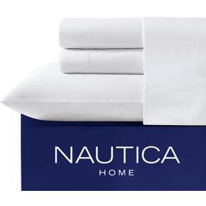 Nautica - Twin XL Sheet Set, Cotton Percale Bedding Set, Crisp & Cool, Fully Elasticized, Ideal Dorm Essentials (Solid White, Twin XL)