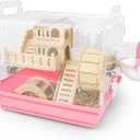 Cycodo 8 in 1 Acrylic Hamster Cage,2-Tier Dwarf Hamster Cage with Wooden Wheel & Hideout,Small Hamster Habitat with Accessories,Clear Pet Mice House (Pink,14" L*10" W*11" H)