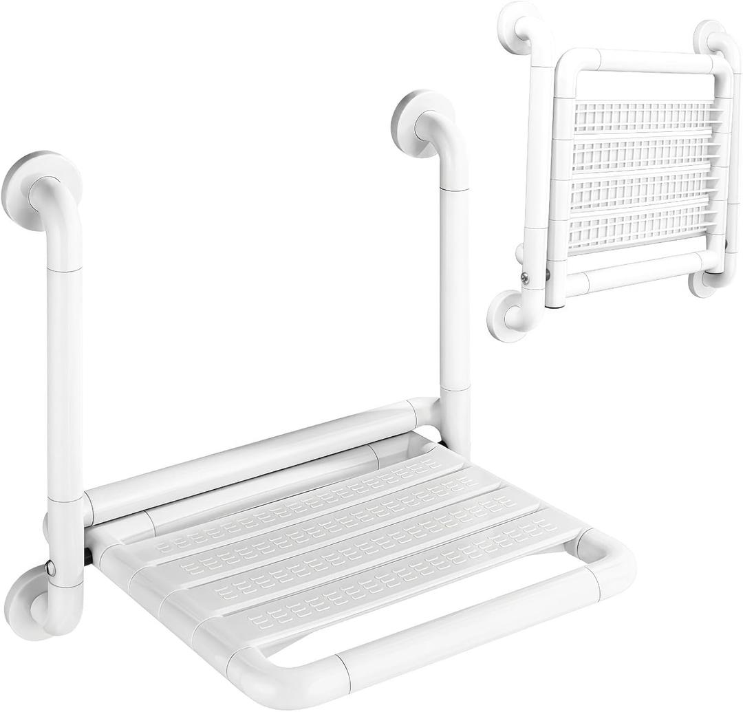 16-Inch Wall Mounted Shower Seats with Armrests, Space-Saving Foldable Shower Bench for Small Bathrooms, Safety Wall-Mounted Foldable Shower Chair with Reflective Strips, Holds up to 330 lbs