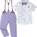DISAUR Boys Suits 3 Pieces Formal Dress Shirt with Bowtie+Suspender Pants Boy Gentleman Outfits Set 4-8 Years (Lavender Purple)