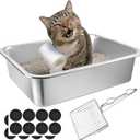 Stainless Steel Cat Litter Box, 16 x 12 x 4 Large Litter Box, Non Stick Kitty Litter Pan with Metal Litter Scoop and Anti Slip Stickers for Kitten, Guinea Pig and Rabbit
