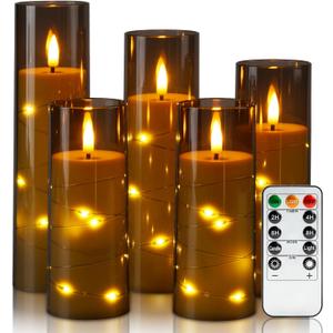 Homemory Flameless Candles with Star String Fairy Lights, Battery Operated Candles, LED Candle, Fake Candles with Remote Control and Timer, Modern Home Decor, Grey, Set of 5 (5pcs, D2.2"x H5"5"6"7"8")