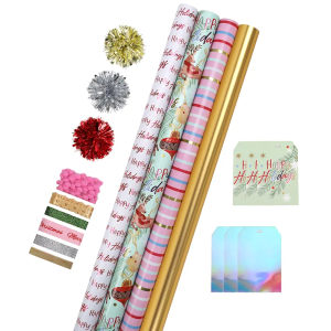 LaRibbons Christmas Wrapping Paper Sets, Classic Reindeer Stripes & Happy Holiday Design with Ribbons & Gift Tags & Metallic Pom Pom for Christmas, Holiday，30Inch × 10Feet（ 4 Rolls: 100 Sq.Ft.Ttl）